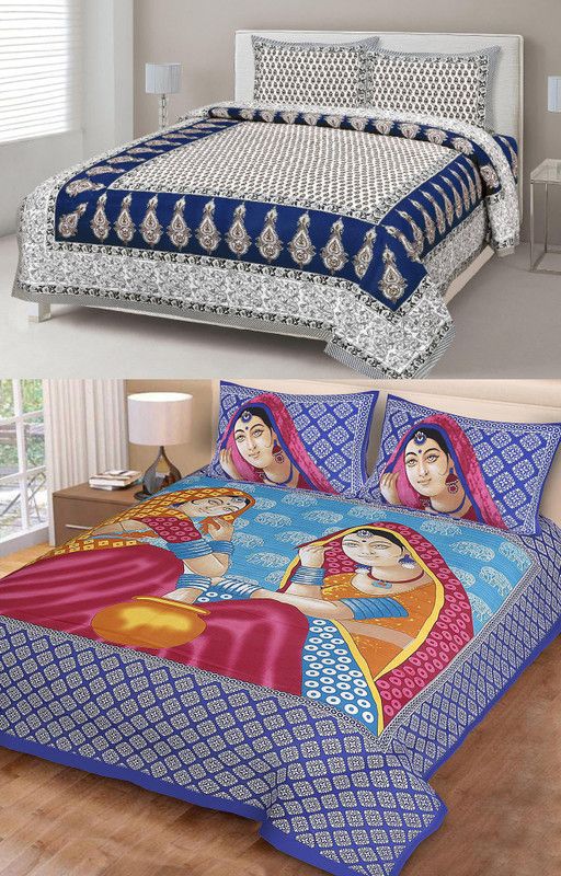 MOXIE 190 TC Cotton Double Printed Flat Bedsheet  (Pack of 2, Blue, Blue)