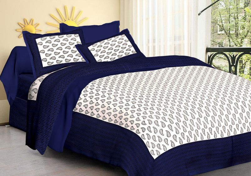 Satrim 220 TC Cotton Double Jaipuri Prints Flat Bedsheet  (Pack of 1, Blue)