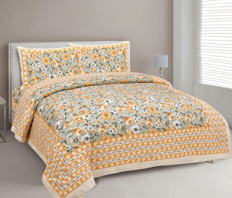 WAR TRADE 260 TC Cotton King Jaipuri Prints Flat Bedsheet  (Pack of 1, Yellow)