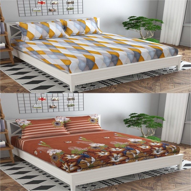 Nakshu 140 TC Polycotton Queen Floral Fitted (Elastic) Bedsheet  (Pack of 2, yellow barfi, dark brown flower)