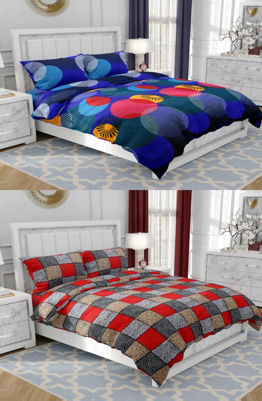 Homestar 144 TC Microfiber Double Floral Flat Bedsheet  (Pack of 2, Blue, Red)