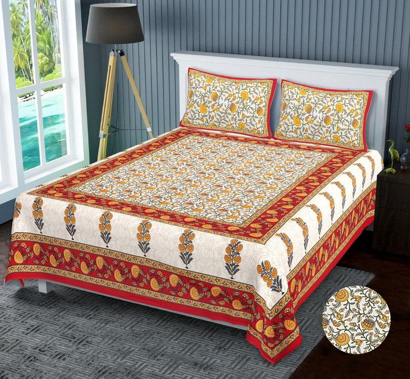 PYAARA PRINTS 555 TC Cotton Queen Printed Flat Bedsheet  (Pack of 1, Red)
