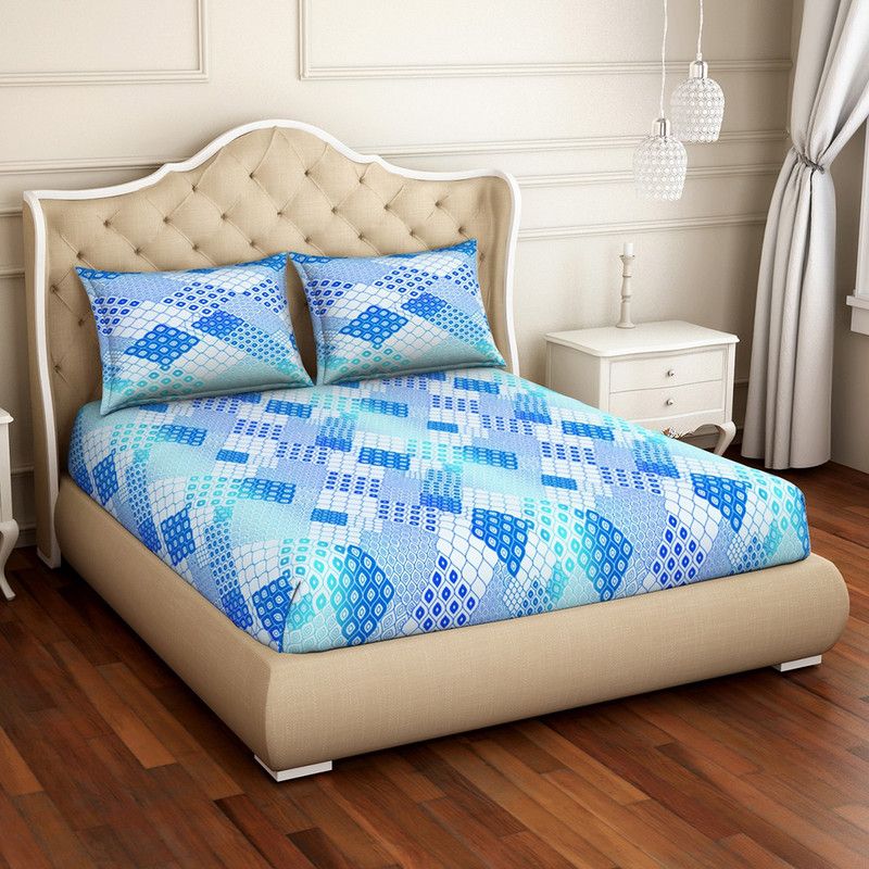 CORE Designed by SPACES 104 TC Cotton Queen Geometric Flat Bedsheet  (Pack of 1, Blue)