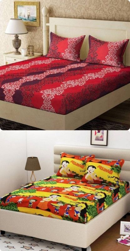 TBH LOGO 144 TC Microfiber Double 3D Printed Flat Bedsheet  (Pack of 2, Multicolor)