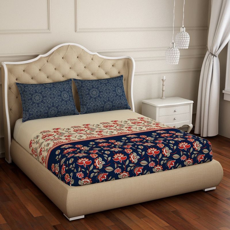 SPACES 210 TC Cotton Queen Floral Flat Bedsheet  (Pack of 1, Blue)