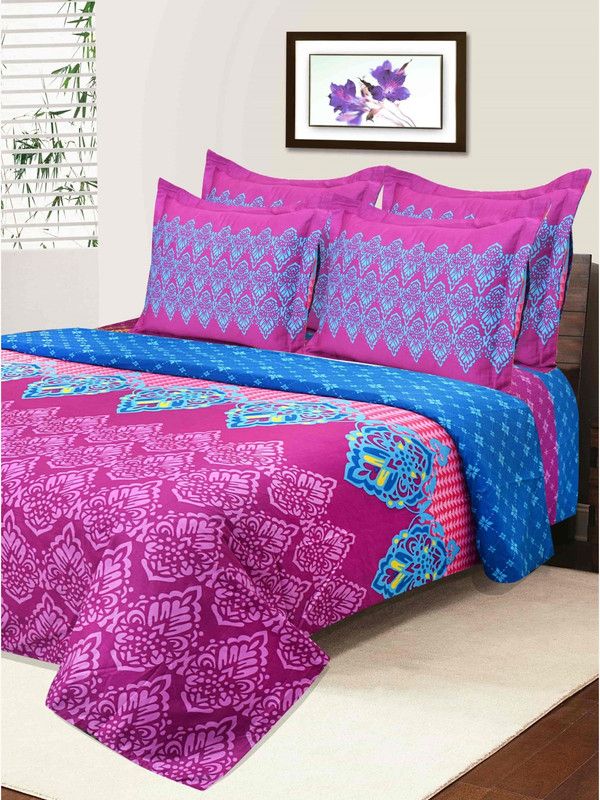 Home Affairs 210 TC Cotton Double Printed Flat Bedsheet  (Pack of 1, Purple, Blue)