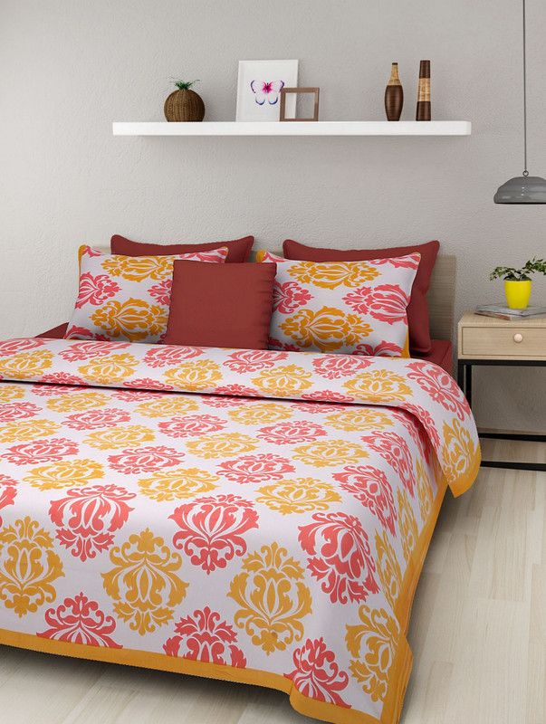 E ELMA 210 TC Cotton Double Jaipuri Prints Flat Bedsheet  (Pack of 1, Yellow)