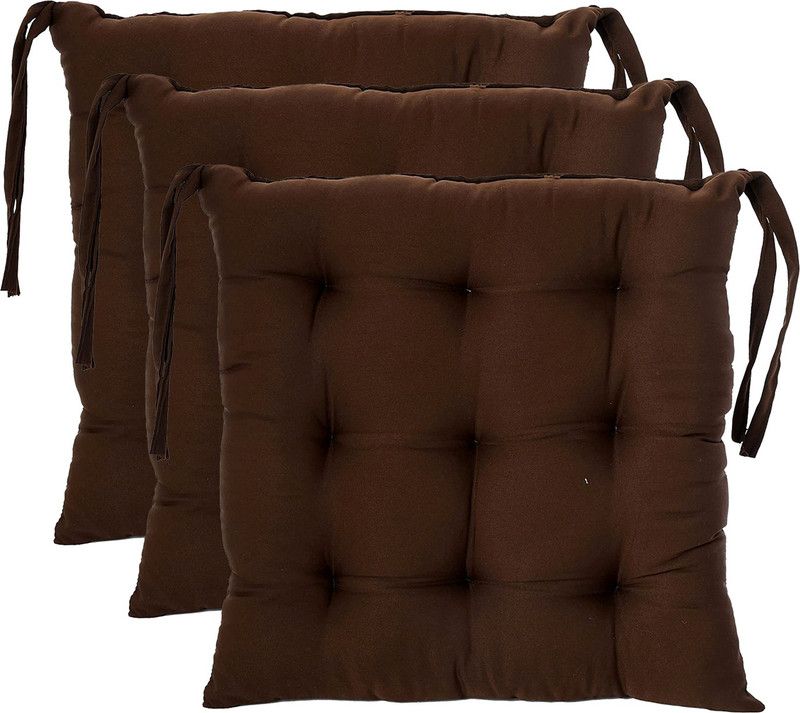 Cotton Solid Chair Pad Pack of 3  (Brown)