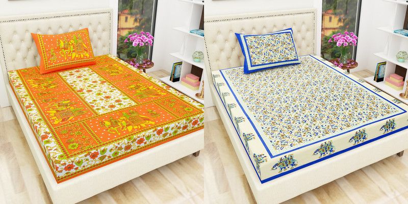 Indram 144 TC Cotton Single Jaipuri Prints Flat Bedsheet  (Pack of 2, Pink, Blue)