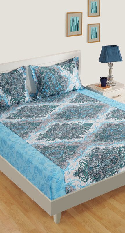 SWAYAM 160 TC Cotton Double Motifs Fitted (Elastic) Bedsheet  (Pack of 1, Teal)