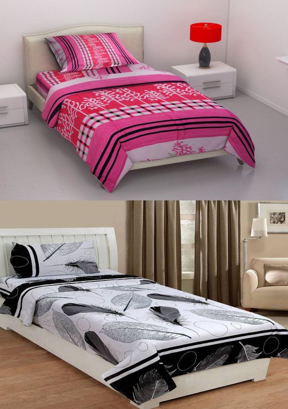 Indian GSM Handloom 144 TC Microfiber Single Floral Flat Bedsheet  (Pack of 2, Pink)