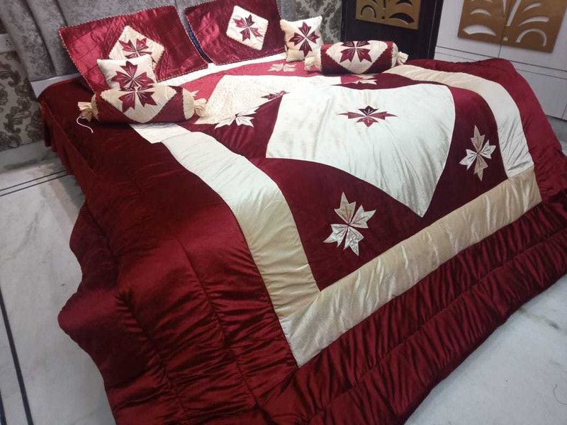 Laying Style Velvet King Sized Bedding Set  (1 Bed cover, 2 Cushion covers with filling, 2 Bolster covers with filling, 2 pillow covers Set of 7 Piece Design-3)