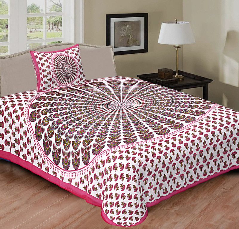 VRG 144 TC Cotton Single Jaipuri Prints Flat Bedsheet  (Pack of 1, Pink)