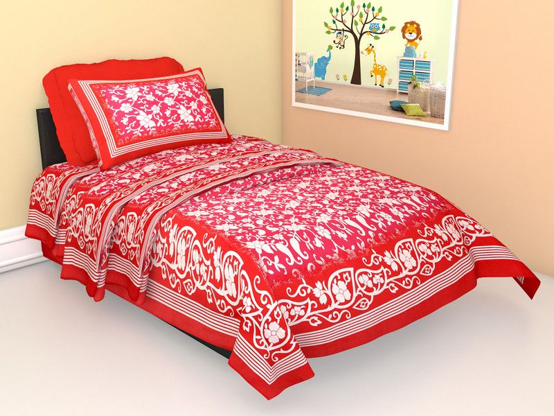 Avyaan Creations 144 TC Cotton Single Jaipuri Prints Flat Bedsheet  (Pack of 1, Red)