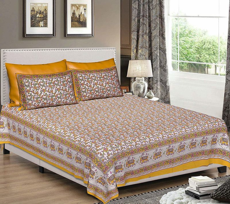 FrionKandy Living 220 TC Cotton King Animal Flat Bedsheet  (Pack of 1, Yellow)