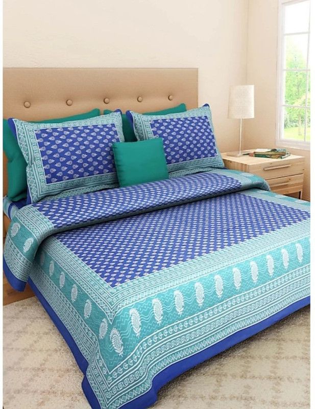 Soniya Fashion 600 TC Cotton Queen Printed Flat Bedsheet  (Pack of 1, Blue)