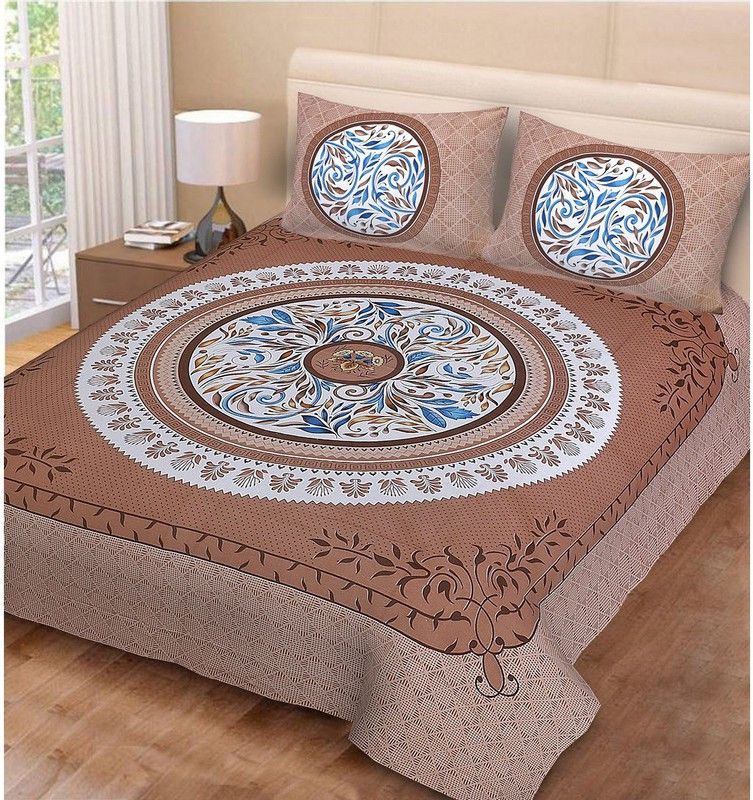 RATAN LAL TRADING 250 TC Cotton Double Printed Flat Bedsheet  (Pack of 1, Beige)