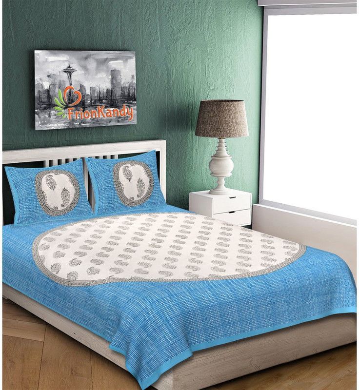 FrionKandy 104 TC Cotton Double Jaipuri Prints Flat Bedsheet  (Pack of 1, Light Blue)