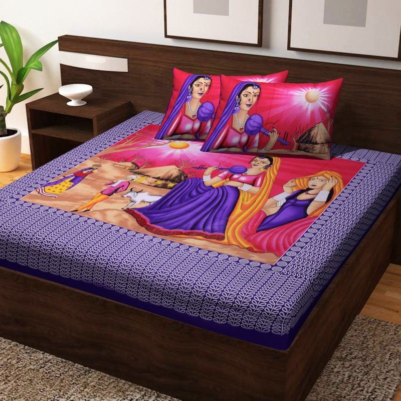 Om Hosiery 144 TC Cotton King Self Design Fitted & Flat Bedsheet  (Pack of 1, Blue)
