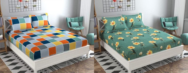 HOMYBEES 250 TC Microfiber Double Printed Flat Bedsheet  (Pack of 2, MULTI-50)