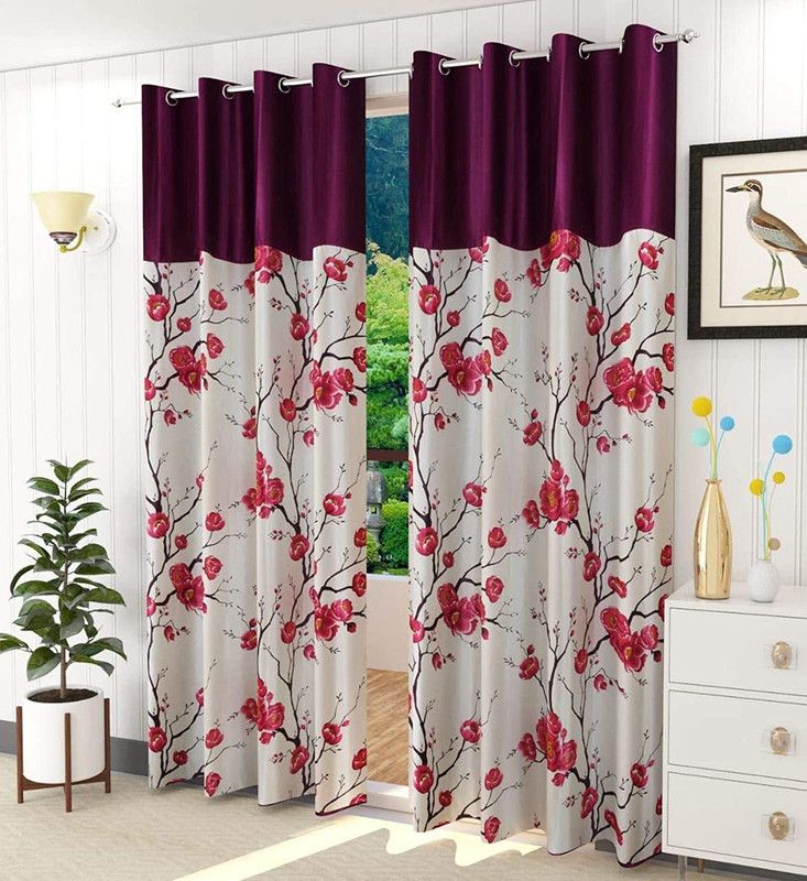 TWIZOR 213 cm (7 ft) Polyester Room Darkening Door Curtain (Pack Of 2)  (Floral, Purple, White)