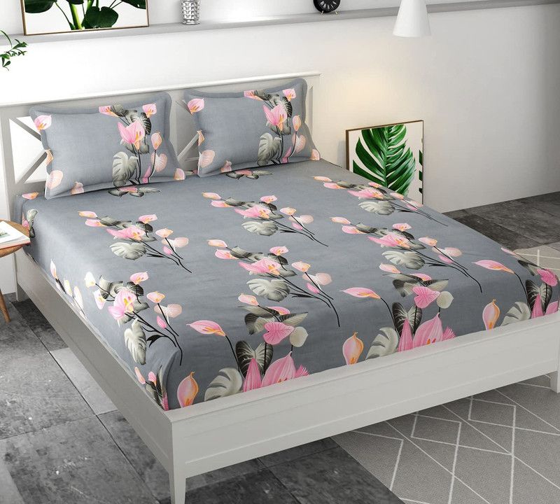 DECOR VATIKA 144 TC Microfiber Queen Floral Fitted (Elastic) Bedsheet  (Pack of 1, Grey)