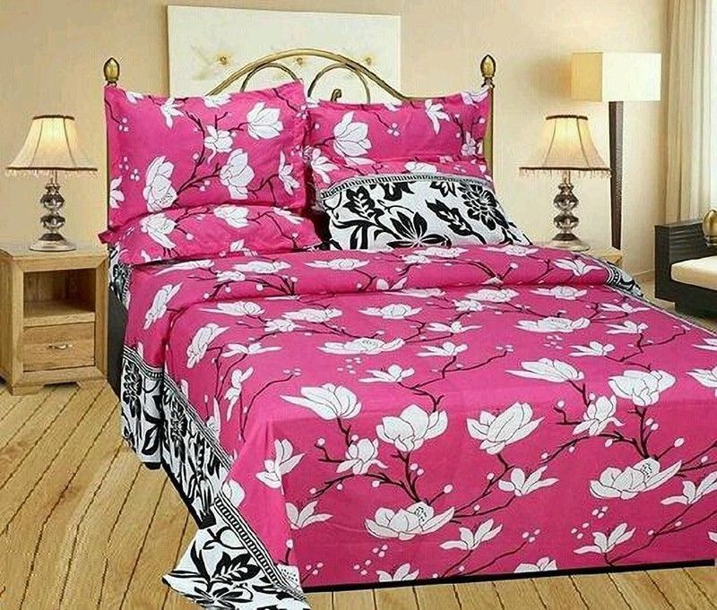 BALKO FAB 144 TC Polycotton Double Floral Flat Bedsheet  (Pack of 1, Pink, white, black)