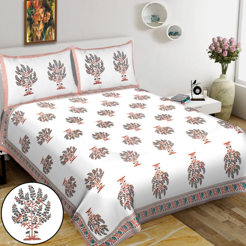 RAJDEVI JAIPUR PRINTS 451 TC Cotton King Printed Flat Bedsheet  (Pack of 1, White)