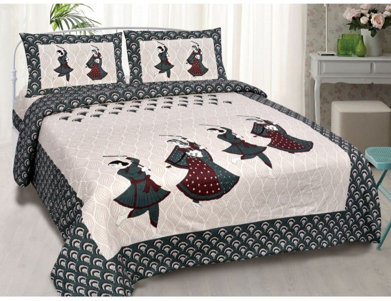 E ELMA 150 TC Cotton Double Self Design Flat Bedsheet  (Pack of 1, Green)