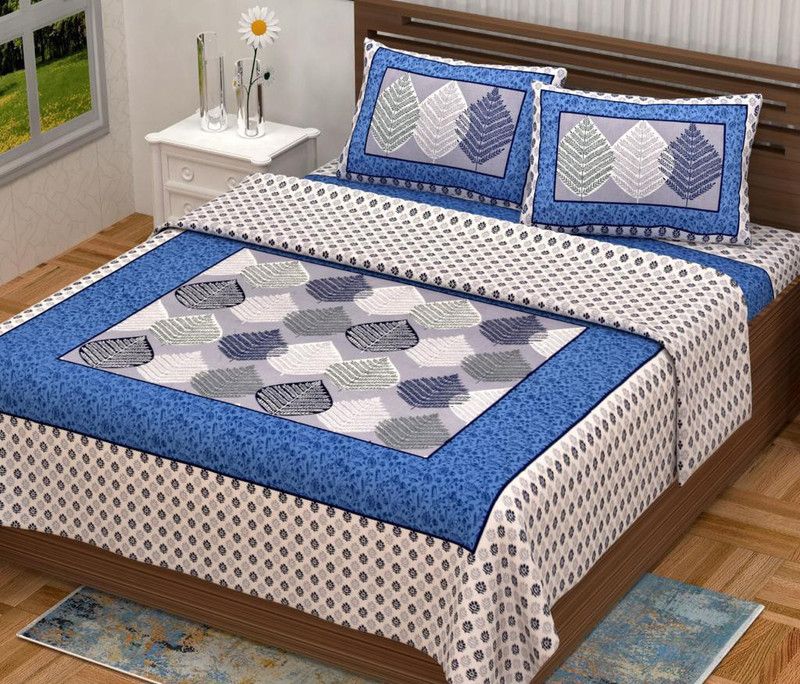 7MART 140 TC Cotton Queen Self Design Flat Bedsheet  (Pack of 1, Blue)