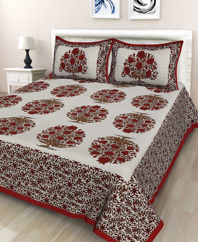 CRAFTART Cotton King Bed Cover  (Maroon, 1 bedsheets with 2 pillow covers)