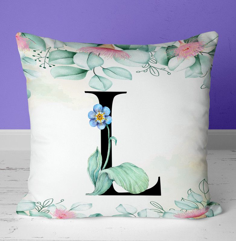 NH10 DESIGNS Colorful Alphabet L Printed Cushion Cover with Filler 12x12 Inch - ABBKCU 65 Microfibre Floral Cushion Pack of 1  (Blue)