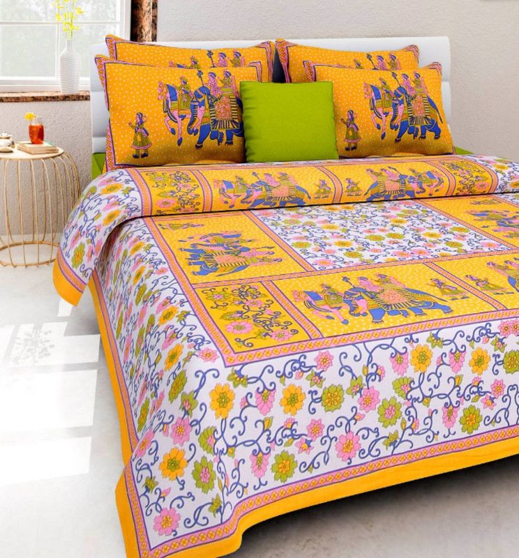 144 TC Cotton Double Printed Bedsheet  (Pack of 1, Yellow)