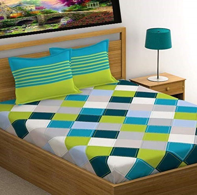VASTRA VILLA 170 TC Cotton Double Checkered Flat Bedsheet  (Pack of 1, Green Blue Check)