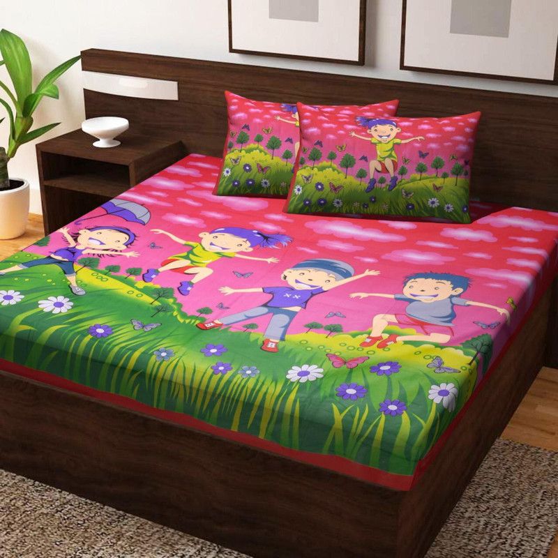 IkBedsheets 165 TC Cotton Double Printed Flat Bedsheet  (Pack of 1, Pink)