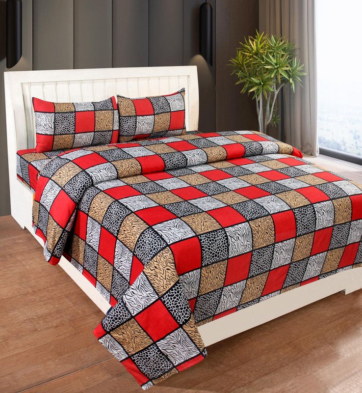 CECARO 160 TC Microfiber Queen Checkered Flat Bedsheet  (Pack of 1, Red)