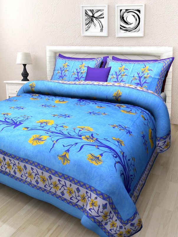 JAIPUR PRINTS 180 TC Cotton Double Jaipuri Prints Flat Bedsheet  (Pack of 1, Sky Blue)