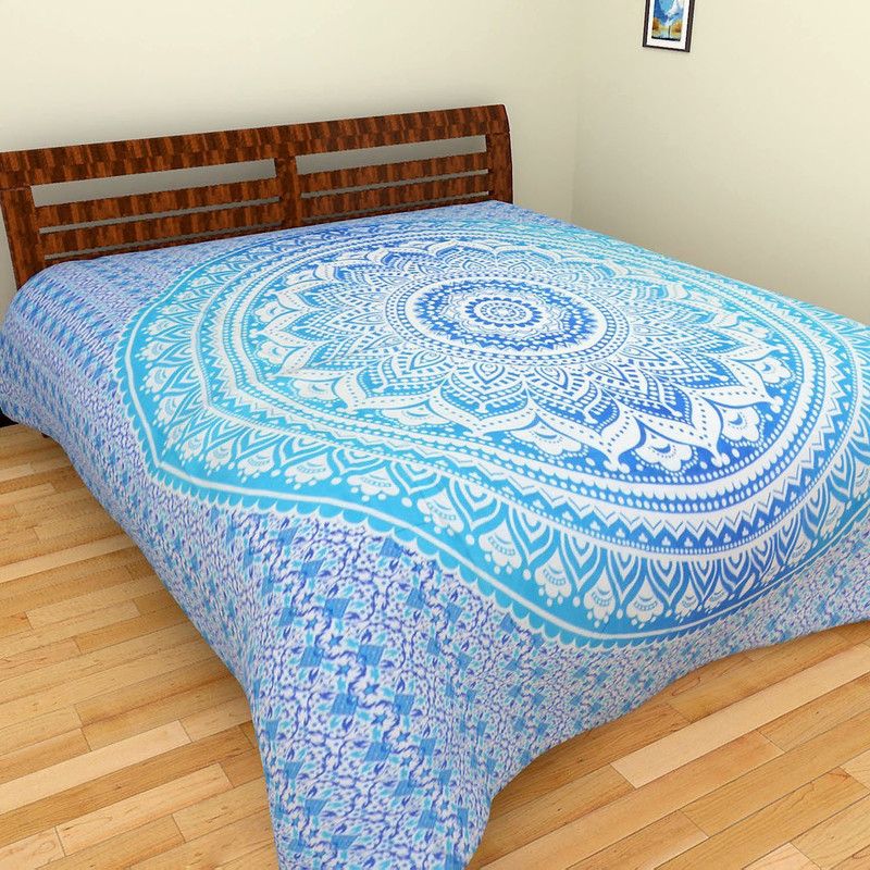 Johri Bazar Cotton Double Motifs Flat Bedsheet  (Pack of 1, White, Blue)