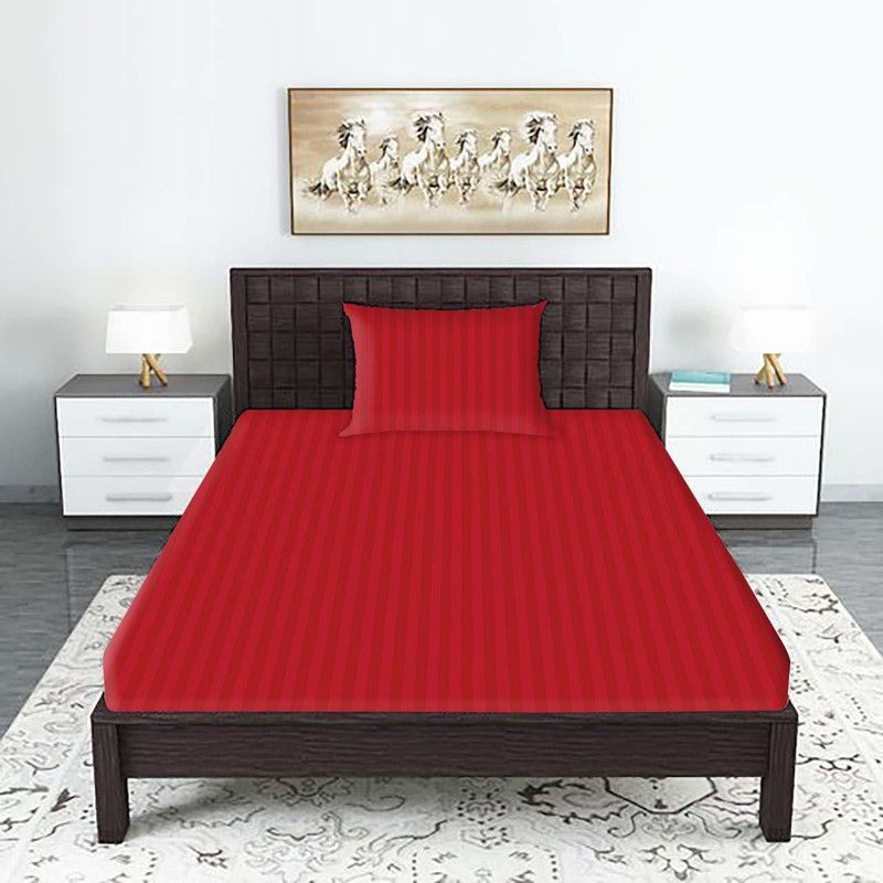 DIKSH 140 TC Polycotton Single Striped Fitted (Elastic) Bedsheet  (Pack of 1, stripe maroon)