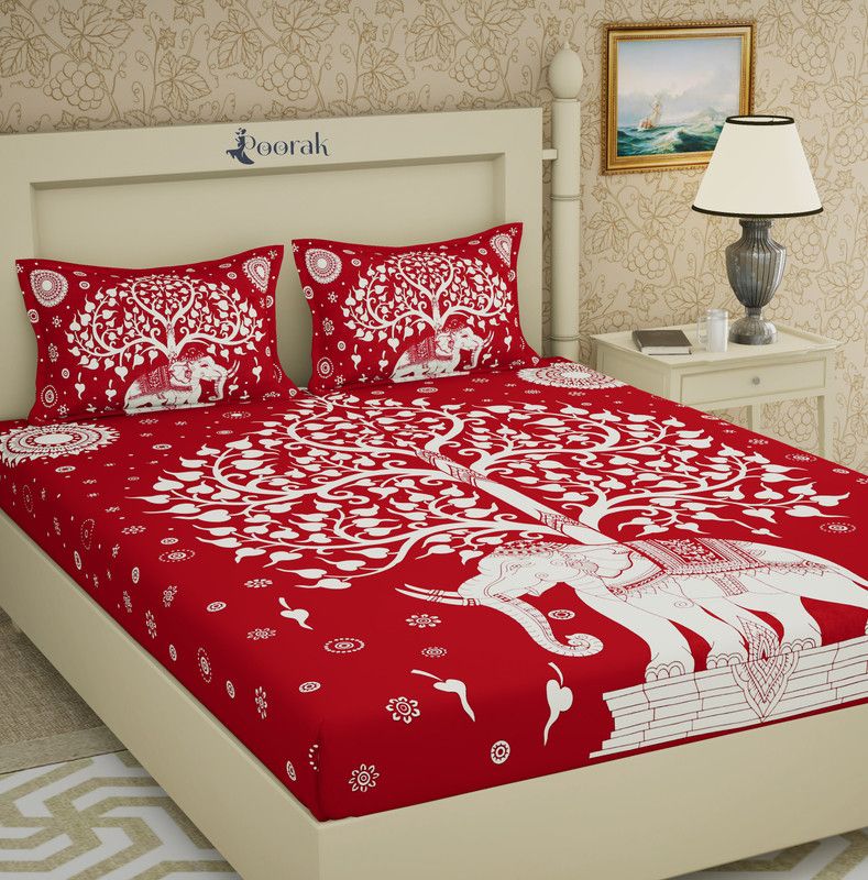 160 TC Cotton Double Bedsheet  (Pack of 1, Red Elephant)