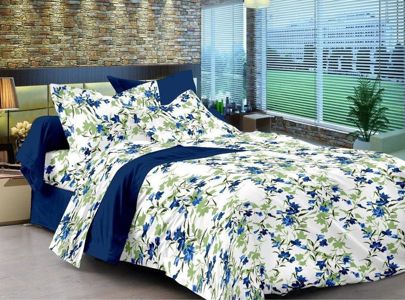 Huesland 144 TC Cotton Single Floral Flat Bedsheet  (Pack of 1, Grey, Blue, Green)