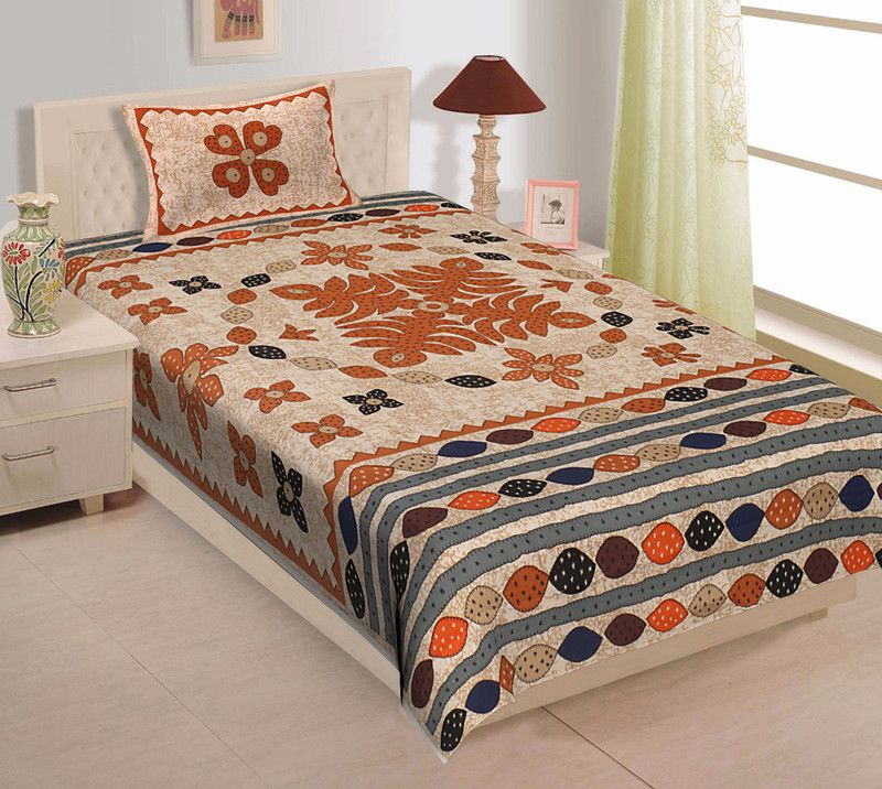 Satrim 220 TC Cotton Single Jaipuri Prints Flat Bedsheet  (Pack of 1, Yellow)