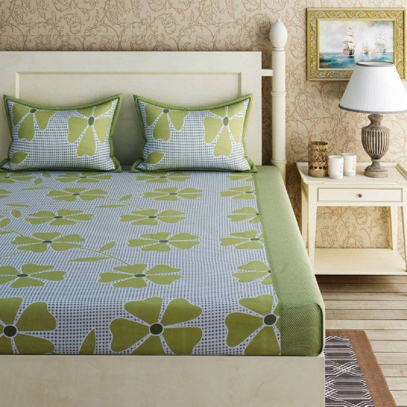 Decorum 204 TC Microfiber Double Printed Flat Bedsheet  (Pack of 1, Green)