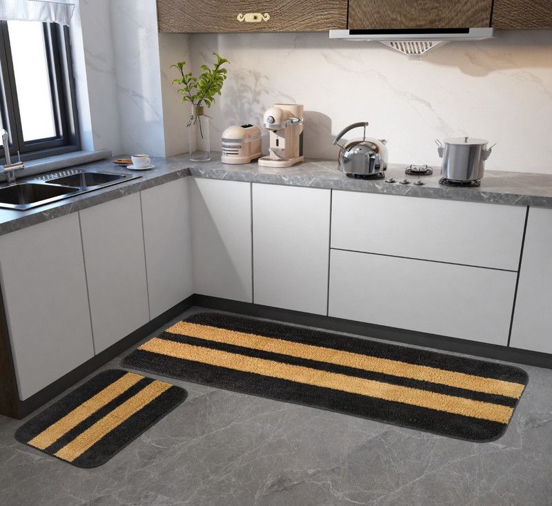 kitchDeco Microfiber Bathroom Mat  (Grey with Stripe, Medium, Pack of 2)
