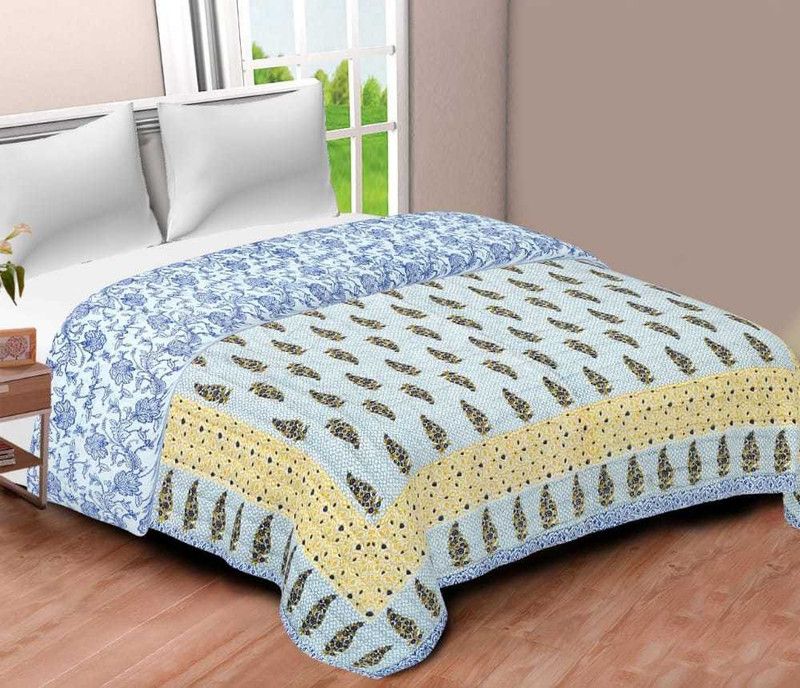 Qker Floral Double Quilt for Heavy Winter  (Cotton, Blue)