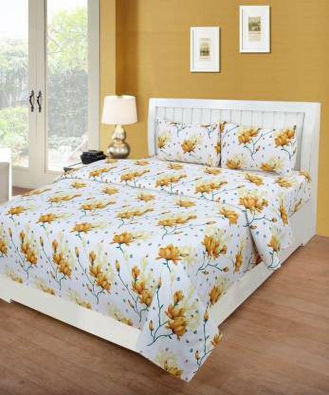 BALKO FAB 160 TC Polycotton Double Floral Flat Bedsheet  (Pack of 2, Yellow, White)