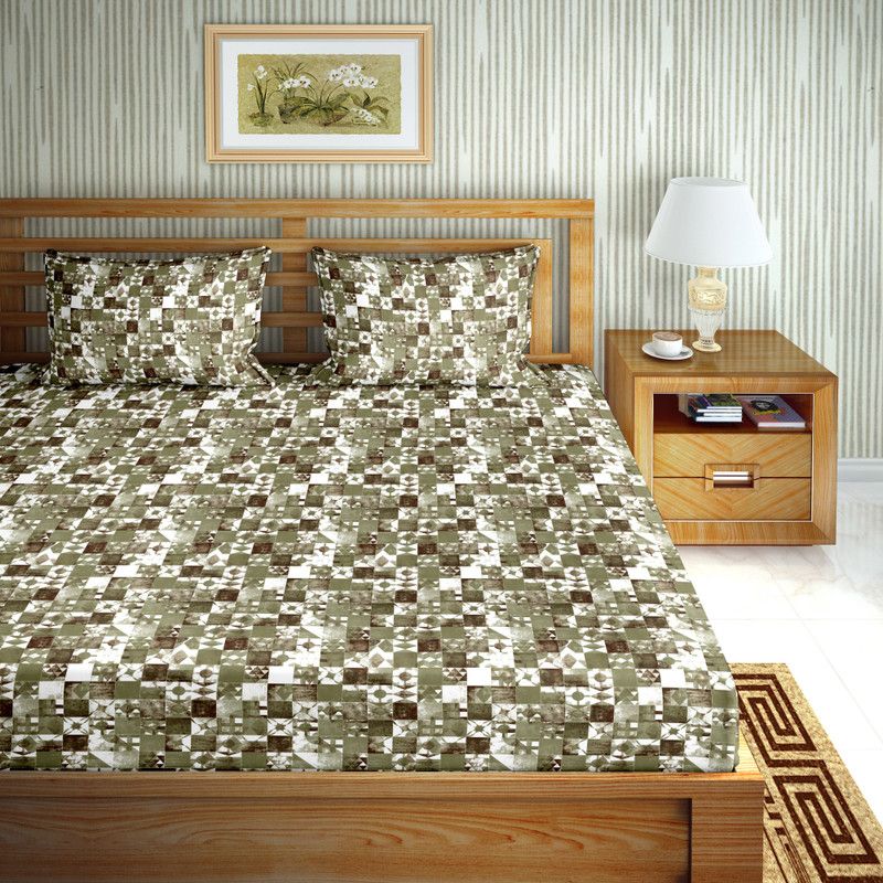 BELLA CASA 180 TC Cotton Double Printed Fitted (Elastic) Bedsheet  (Pack of 1, Green)