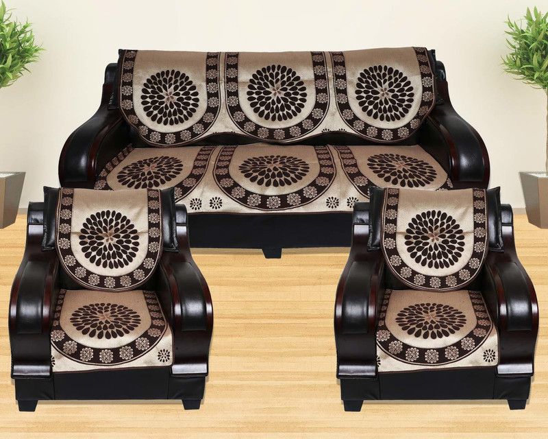 Azotica Cotton Floral Sofa Cover  (Brown Pack of 6)