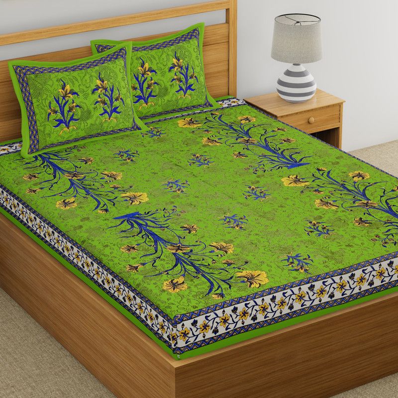 144 TC Cotton Double Jaipuri Prints Bedsheet  (Pack of 1, Green)