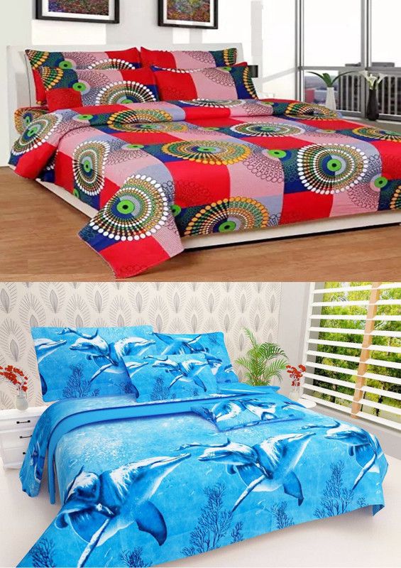 VHD 144 TC Polycotton Double 3D Printed Flat Bedsheet  (Pack of 2, Multicolor)